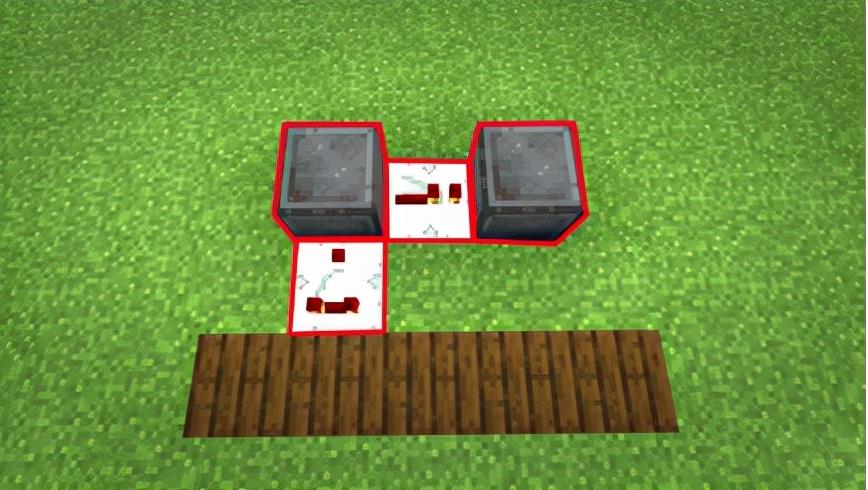 如何在 Minecraft 中制作隐藏在地下的秘密房间?/><p>2.放置两个粘性活塞,并在最右边的普通方块上放置红石。</p> <img src=